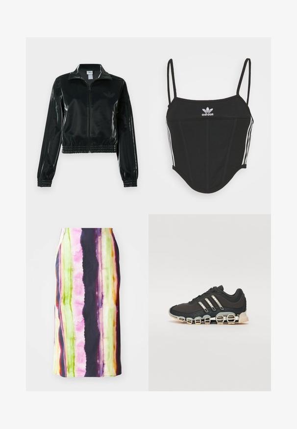 Casaco curto preto brilhante com fecho de correr frontal, gola alta e bainha elástica. Apresenta três riscas nas mangas e um pequeno logotipo no peito.; Top crop preto canelado com alças finas ajustáveis, apresentando três riscas brancas nas laterais e um pequeno logótipo branco da Adidas ao centro.; Saia colorida de comprimento médio, featuring riscas verticais em rosa, verde, amarelo e roxo. Feita de um tecido suave com um leve brilho.; Shoe desportivo preto com um upper texturizado, três riscas prateadas e uma sola de amortecimento distinta, apresentando múltiplas secções integradas.