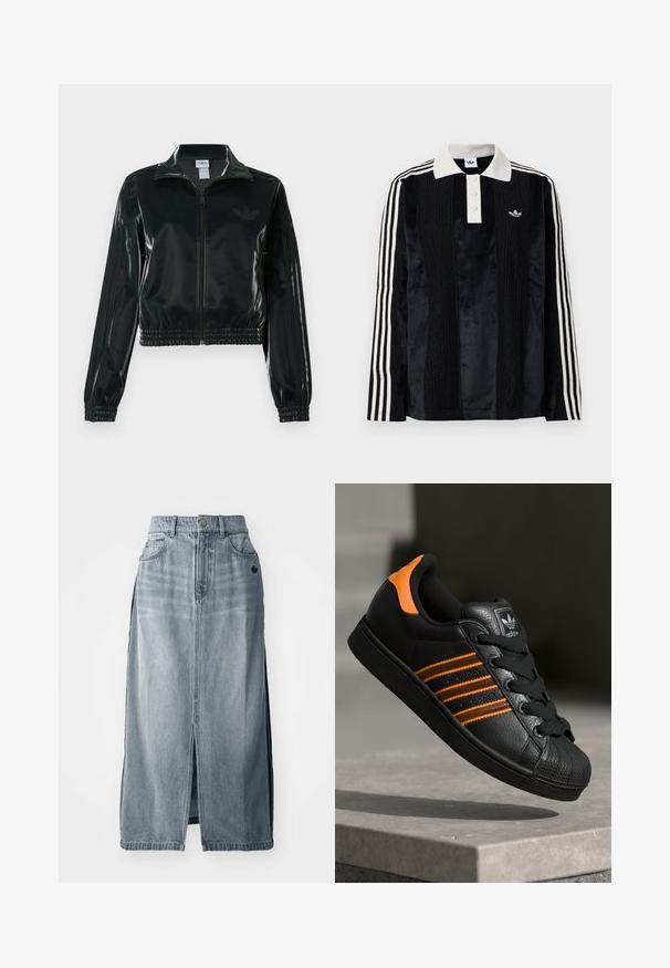Črno, sijočo kratko jakno z zadrgo spredaj, visokim ovratnikom in elastičnim spodnjim robom. Na rokavih so tri črte, na prsih pa majhen logotip.; Črna žametna polo majica z dolgimi rokavi z belim rebrastim ovratnikom, tremi gumbi, teksturirano sprednjo stranjo in tremi belimi črtami na vsakem rokavu.; Jeanskrilo v svetlo modri barvi z odprtino spredaj, dvema žepoma in podrobnostmi z logotipom. Ima visok pas in ravno zasnovo, izdelano iz trpežne tkanine.; Črne športne copate z oranžnimi akcenti, tremi vodoravnimi črtami, zgornjim delom iz teksturirane usnjene tkanine, gumijastim zaščitnim pokrovom za prste in črnimi vezalkami.