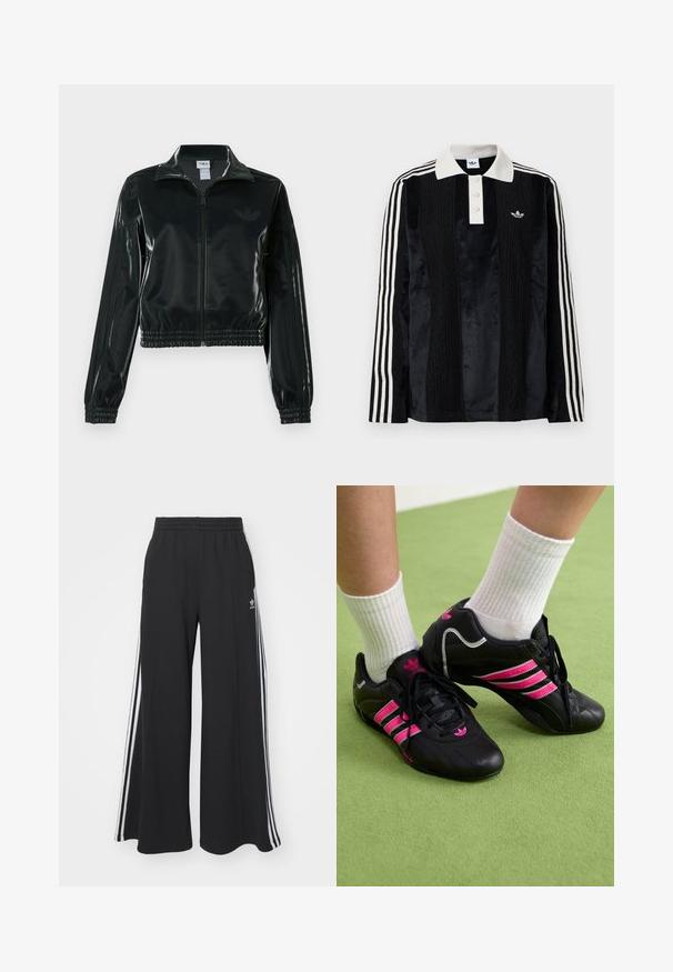 Sort blank cropped jakke med glidelås foran, høy krage og elastisk nederkant. Har tre striper på ermene og en liten logo på brystet.; Svart fløyels langermet polo skjorte med hvit ribbestrikket krage, tre knapper, teksturert front og tre hvite striper på hver erme.; Svart vide joggebukser med elastisk midjebånd, med hvite sidestriper og brodert logo på venstre lår.; Sorte sportsko med tre rosa striper, teksturert læroverdel, svarte snører og logodetalj, sammen med hvite ribbestrikkede sokker på grønt underlag.