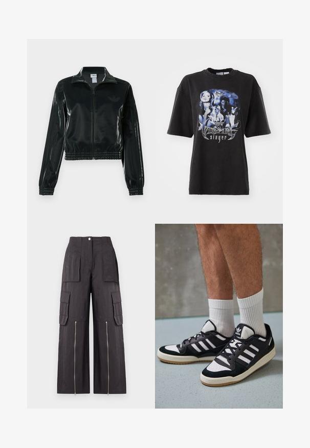 Svart glansig kort jacka med dragkedja framtill, hög krage och elastisk nederkant. Har tre ränder på ärmarna och en liten logga på bröstet.; Svart oversized t-shirt i bomull, med ett grafiskt tryck i blå nyanser med bilder och text relaterade till "Buffy the Vampire Slayer."; Cargo-byxor i mörkgrått, med flera fickor, hög midja, vida ben och dragkedjedetaljer vid sömmarna, tillverkade av ett texturerat tyg.; Svartvita sneakers med ovandel i mocka och läder, med tre vita ränder, perforerad tå och sula av gummigummi.