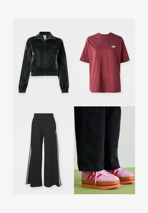 Casaco curto preto brilhante com fecho de correr frontal, gola alta e bainha elástica. Apresenta três riscas nas mangas e um pequeno logotipo no peito.; T-shirt de algodão cor bordô com decote redondo, mangas curtas e um pequeno logótipo branco na área esquerda do peito. Textura suave, corte descontraído.; Calças de suor largas e pretas com uma cintura elástica, apresentando riscas brancas nas laterais e um logótipo bordado na coxa esquerda.; Sapatilhas plataformas em camurça rosa com detalhes em vermelho e três riscas, com uma sola espessa de borracha transparente, combinadas com calças pretas.