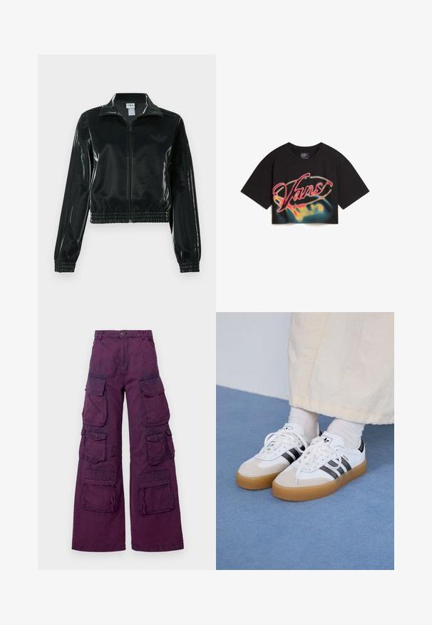 Veste courte noire brillante avec fermeture éclair à l'avant, col montant et ourlet élastiqué. Dotée de trois bandes sur les manches et d'un petit logo sur la poitrine.; Vans AFITERBURN RELAXED CROP - T-shirt imprimé - black; Pantalons cargo violets à jambes larges, dotés de plusieurs poches avant et latérales, de coutures contrastantes et d'une fermeture à bouton à la taille.; Baskets blanches avec des rayures noires et des accents en daim beige. Elles présentent une semelle en gomme texturée et des lacets plats blancs, portées avec des chaussettes claires.