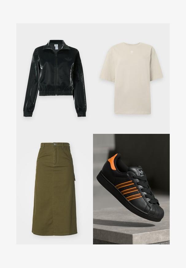 Sort blank cropped jakke med glidelås foran, høy krage og elastisk nederkant. Har tre striper på ermene og en liten logo på brystet.; Beige kortermet T-skjorte laget av bomull, med rund hals og liten hvit Adidas-logo trykt på brystet. Myk tekstur, ledig passform.; Oliven grønn bomull midi skjørt med rett snitt, knappeåpning, to sidelommer, og en lett splitt i kanten for bevegelsesfrihet.; Svart sneaker med oransje detaljer, tre horisontale striper, teksturert skinnoverdel, gummitå, og svarte lisser.