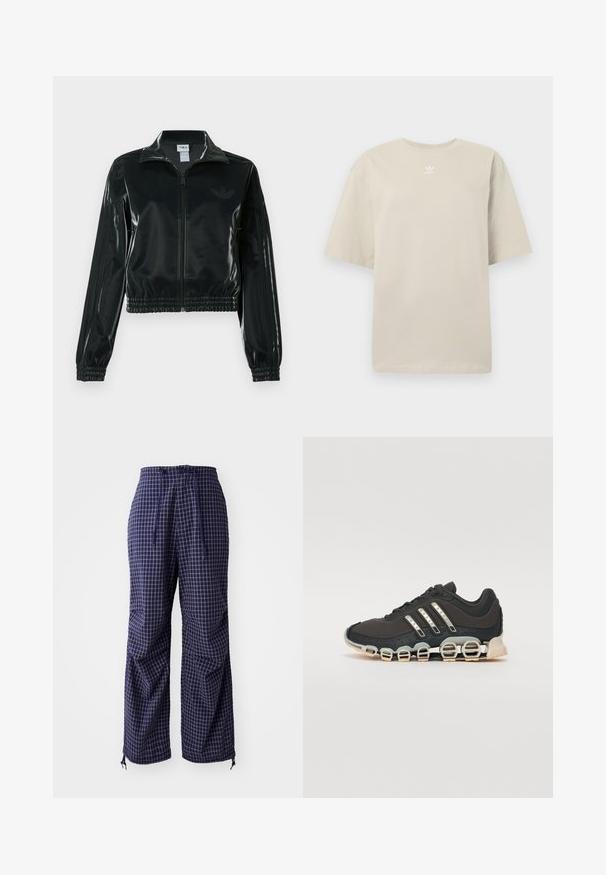 Sort blank cropped jakke med glidelås foran, høy krage og elastisk nederkant. Har tre striper på ermene og en liten logo på brystet.; Beige kortermet T-skjorte laget av bomull, med rund hals og liten hvit Adidas-logo trykt på brystet. Myk tekstur, ledig passform.; Marine-rutete bukser med løs pasform, snor i taljen, elastiske manchetter og en let stof struktur. Har små knude accenter.; Svarte sportsko med en strukturert overflate, tre sølvstriper, og en distinkt støtdempende såle med flere integrerte seksjoner.