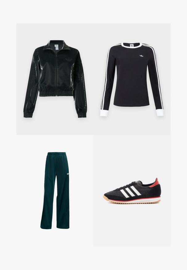 Casaco curto preto brilhante com fecho de correr frontal, gola alta e bainha elástica. Apresenta três riscas nas mangas e um pequeno logotipo no peito.; Camisa preta de mangas longas com colarinho e punhos brancos, riscas brancas nas mangas e pequeno logótipo branco da Adidas no lado esquerdo do peito.; Calças atléticas em azul-escuro feitas de um tecido leve, com um design simples, cintura elástica e detalhes laterais brancos.; Sapato desportivo preto com riscas brancas, detalhes em camurça e calcanhar vermelho. Textura em malha e sola de borracha com padrão de piso castanho claro.