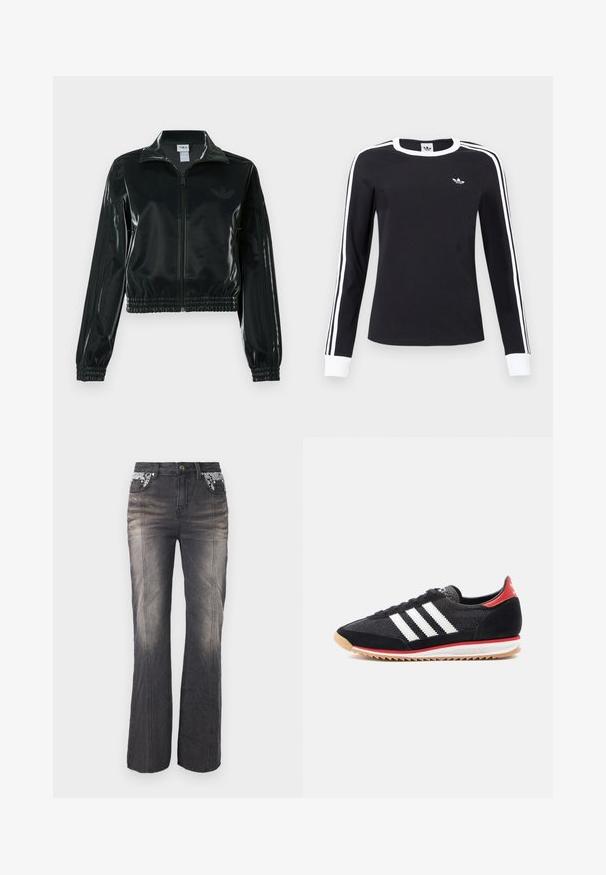 Schwarze glänzende, kurz geschnittene Jacke mit Reißverschluss vorne, hohem Kragen und elastischem Saum. Verfügt über drei Streifen an den Ärmeln und ein kleines Logo auf der Brust.; Schwarzes Langarmshirt mit weißem Kragen und Manschetten, weißen Streifen entlang der Ärmel und kleinem weißen Adidas-Logo auf der linken Brust.; Schwarze Denim-Jeans im geraden Schnitt, mit Spitzenverarbeitung an den Taschen und subtilen Verwaschungen. Die Hardware umfasst einen Metallknopf und Nieten.; Schwarzer Sportschuh mit weißen Streifen, Wildlederakzenten und rotem Fersenbereich. Mesh-Oberfläche und Gummisohle mit hellbraunem Profil.
