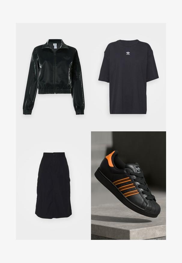 Melna spīdīga īsā jaka ar rāvējslēdzēja priekšpusi, augstu apkakli un elastīgu apakšu. Piedevas ir trīs svītras uz piedurknēm un neliels logotips uz krūtīm.; Melna kokvilnas t-kreklā ar īsām piedurknēm un apaļu kakla izgriezumu, uz krūtīm ir balta Adidas logo. Vienkāršs dizains, brīvs piegriezums.; Melns midi svārki ar elastīgu jostasvietu, priekšējo pogu aizdari un divām sānu kabatām. Gluda auduma struktūra ar taisnu griezumu.; Melnas kedas ar oranžiem akcentiem, trīs horizontālas svītras, teksturēts ādas augšdaļa, gumijas purngala daļa un melnas auklas.