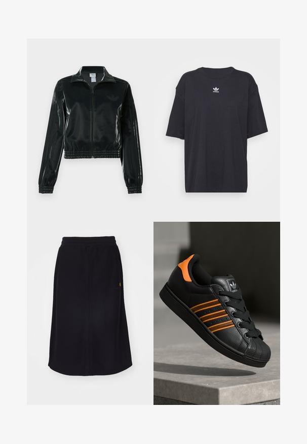 Chaqueta corta negra brillante con cremallera en el frente, cuello alto y dobladillo elástico. Presenta tres rayas en las mangas y un pequeño logo en el pecho.; Camiseta de algodón negra con mangas cortas, cuello redondo, presenta un logo blanco de Adidas en el pecho. Diseño simple, ajuste relajado.; Falda midi negra hecha de un tejido suave, con cintura elástica y diseño recto. Incluye un sutil detalle de logo en color contrastante.; Zapatilla negra con acentos naranjas, tres franjas horizontales, parte superior de cuero texturizado, punta de goma y cordones negros.