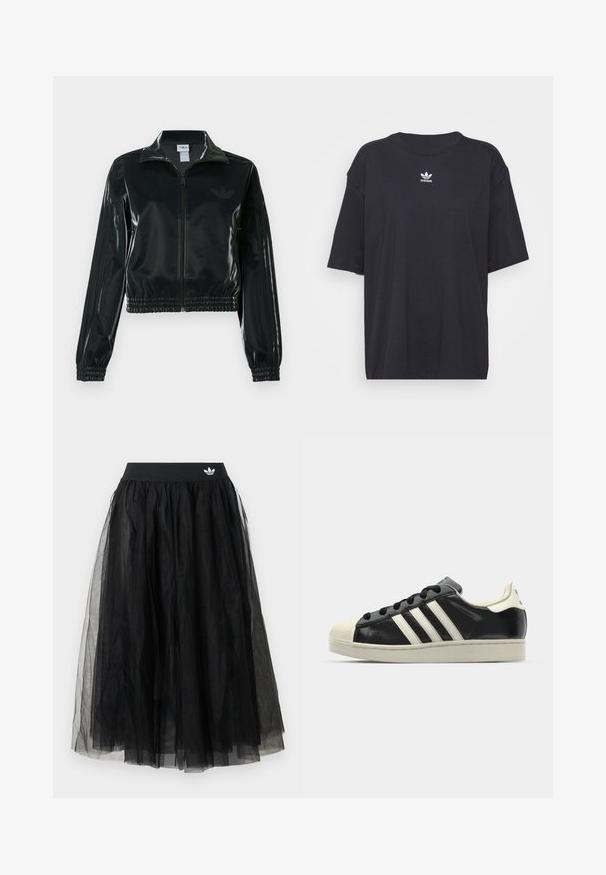 Čierna lesklá skrátená bunda so zipsom vpredu, vysokým golierom a elastickým lemom. Rukávy zdobia tri pruhy a na hrudi je malý logo.; Čierne bavlnené tričko s krátkymi rukávmi, okrúhlym výstrihom, na hrudi s bielym logom Adidas. Jednoduchý dizajn, voľný strih.; Čierna sukňa z tylu so širokým elastickým pásom s bielym logom. Sukňa má vrstvený dizajn, ktorý vytvára objemný tvar.; Čierne kožené tenisky s bielymi pruhmi, gumenou špičkou, čiernymi šnúrkami a krémovobielou podrážkou. Hladký povrch s lesklým finišom.