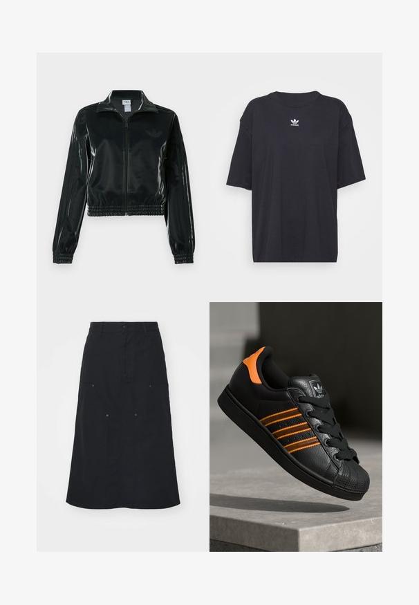 Crna sjajna kratka jakna s patentnim zatvaračem sprijeda, visokim ovratnikom i porubom s elastikom. Na rukavima ima tri pruge i mali logo na prsima.; Crna pamučna majica kratkih rukava, okruglog izreza, s bijelim Adidas logom na prsima. Jednostavan dizajn, opušteni kroj.; Crna suknja od pamuka, s prednjim zatvaranjem na gumbe, dva velika detalja džepa i ravnim drugim siluetom. Glatka tekstura.; Crni tenisice s narančastim naglascima, tri horizontalne pruge, teksturirani kožni gornji dio, gumen kapica za prste i crne vezice.