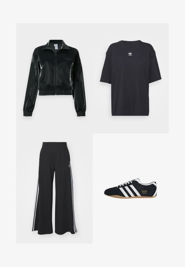 Svart glansig kort jacka med dragkedja framtill, hög krage och elastisk nederkant. Har tre ränder på ärmarna och en liten logga på bröstet.; Svart bomullströja med korta ärmar, rund halsringning, har en vit Adidas-logotyp på bröstet. Enkel design, avslappnad passform.; Svarta vida sweatpants med elastisk midje, med vita sidosträck och en broderad logotyp på vänster lår.; Svart mockasnicker med vita tre ränder, guldlogotyp och en brun gummisula. Har en lågprofils snörningsdesign.