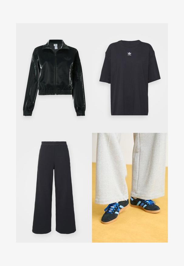 Casaco curto preto brilhante com fecho de correr frontal, gola alta e bainha elástica. Apresenta três riscas nas mangas e um pequeno logotipo no peito.; T-shirt de algodão preto com mangas curtas, decote arredondado, apresenta um logótipo branco da Adidas no peito. Design simples, ajuste descontraído.; Calças de fato largas, pretas, feitas de tecido macio, com uma cintura elástica e um pequeno logótipo do lado esquerdo.; Tênis de camurça pretos e azuis com atacadores azuis e detalhes listrados, combinados com calças largas cinza claro, sobre um chão amarelo.