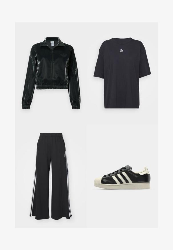 Melna spīdīga īsā jaka ar rāvējslēdzēja priekšpusi, augstu apkakli un elastīgu apakšu. Piedevas ir trīs svītras uz piedurknēm un neliels logotips uz krūtīm.; Melna kokvilnas t-kreklā ar īsām piedurknēm un apaļu kakla izgriezumu, uz krūtīm ir balta Adidas logo. Vienkāršs dizains, brīvs piegriezums.; Melnas plašas sporta bikses ar elastīgu jostasvietu, kurām ir baltas sānu svītras un izšūts logo kreisajā augšstilbā.; Melna ādas sporta apava ar baltām svītrām, gumijas purngala aizsardzību, melnām auklām un krēma krāsas zoli. Gluda tekstūra ar spīdīgu apdari.