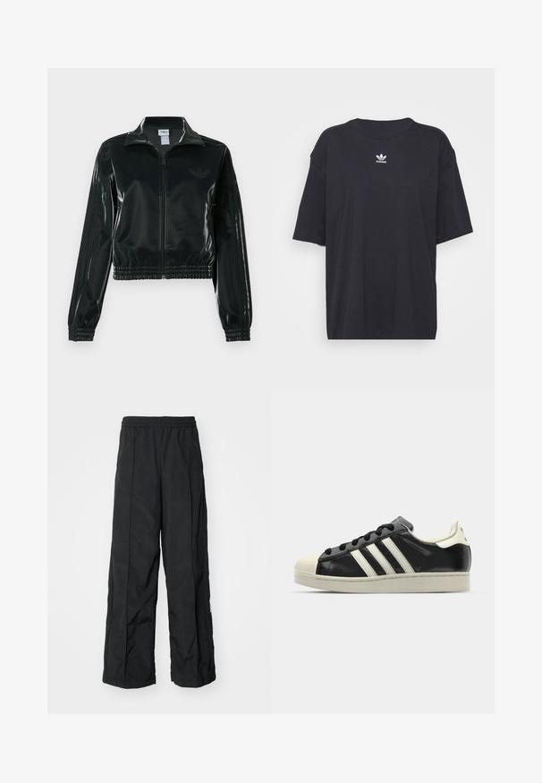 Melna spīdīga īsā jaka ar rāvējslēdzēja priekšpusi, augstu apkakli un elastīgu apakšu. Piedevas ir trīs svītras uz piedurknēm un neliels logotips uz krūtīm.; Melna kokvilnas t-kreklā ar īsām piedurknēm un apaļu kakla izgriezumu, uz krūtīm ir balta Adidas logo. Vienkāršs dizains, brīvs piegriezums.; Melni plati bikses ar elastīgu jostu, ar gludu tekstūru un sānu šuvēm, kas piešķir papildu dizainu.; Melna ādas sporta apava ar baltām svītrām, gumijas purngala aizsardzību, melnām auklām un krēma krāsas zoli. Gluda tekstūra ar spīdīgu apdari.