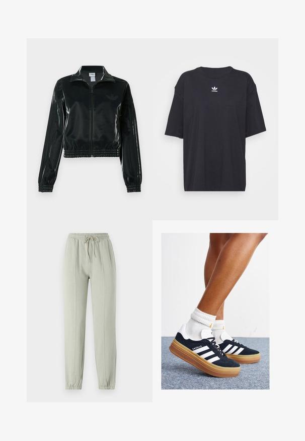 Black glossy cropped jacket with a zip front, high collar, and elasticized hem. Features three stripes on sleeves and a small logo on the chest.; Black cotton t-shirt with short sleeves, round neckline, features a white Adidas logo on the chest. Simple design, relaxed fit.; Light green sweatpants with an elastic waistband, adjustable drawstring, and tapered cuffs. Features vertical seam details along the front.; Black suede sneakers with white stripes and accents, rounded toe, gum rubber outsole, paired with white ribbed crew socks.