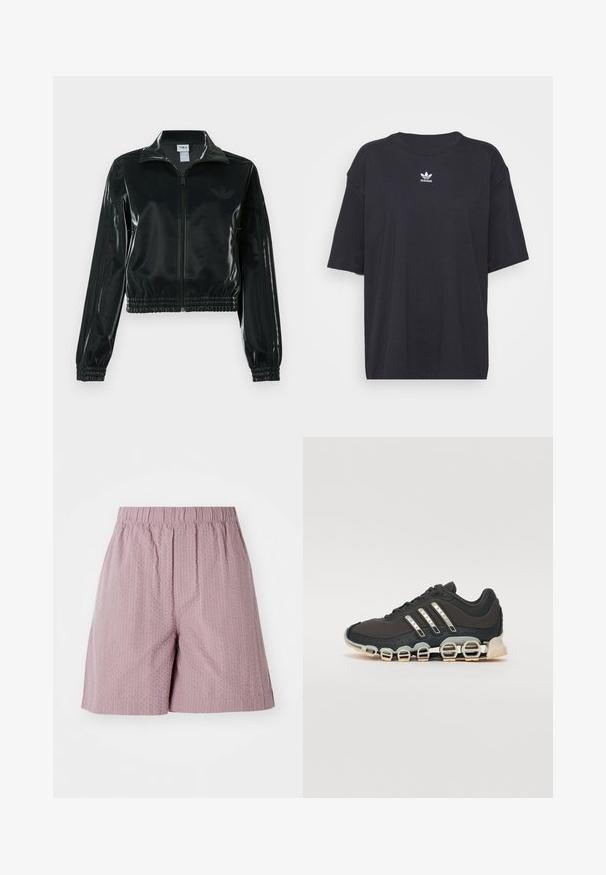 Giacca nera lucida corta con zip frontale, colletto alto e orlo elasticizzato. Presenta tre strisce sulle maniche e un piccolo logo sul petto.; T-shirt in cotone nero con maniche corte, scollatura rotonda, presenta un logo bianco Adidas sul petto. Design semplice, vestibilità rilassata.; Pantaloni shorts rosa chiaro realizzati in un tessuto testurizzato con vita elasticizzata e taglio dritto. Presentano un motivo delicato e un orlo pulito.; Scarpa da ginnastica nera con tomaia testurizzata, tre strisce argentate e una suola ammortizzata distintiva con più sezioni integrate.