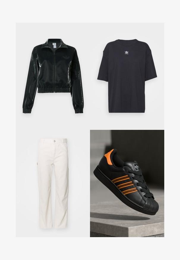 Black glossy cropped jacket with a zip front, high collar, and elasticized hem. Features three stripes on sleeves and a small logo on the chest.; Black cotton t-shirt with short sleeves, round neckline, features a white Adidas logo on the chest. Simple design, relaxed fit.; White cotton cargo pants with a straight leg design, featuring side pockets and a button closure at the waist. Smooth texture.; Black sneaker with orange accents, three horizontal stripes, textured leather upper, rubber toe cap, and black laces.