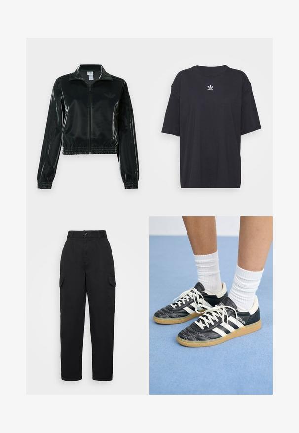 Jachetă neagră lucioasă, scurtă, cu fermoar frontal, guler înalt și tiv elastic. Are trei dungi pe mâneci și un mic logo pe piept.; Tricou din bumbac negru cu mâneci scurte, gât rotund, prezentând un logo Adidas alb pe piept. Design simplu, croi lejer.; Pantaloni cargo negri cu talie înaltă, pliere în față, două buzunare laterale și croială lejeră, confecționați dintr-un material rezistent cu o textură netedă.; Adidași din piele neagră cu dungi albe, vârful rotund, șireturi albe și talpă din cauciuc natural. Accentuați de un guler căptușit și detalii de brand.
