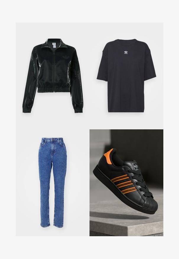 Casaco curto preto brilhante com fecho de correr frontal, gola alta e bainha elástica. Apresenta três riscas nas mangas e um pequeno logotipo no peito.; T-shirt de algodão preto com mangas curtas, decote arredondado, apresenta um logótipo branco da Adidas no peito. Design simples, ajuste descontraído.; Jeans de denim azul com uma cintura alta, design de perna reta, bolsos frontais e uma textura suave. Sem padrões ou acentos visíveis.; Sapatilha preta com detalhes laranja, três riscas horizontais, parte superior em couro texturizado, bico de borracha e atacadores pretos.