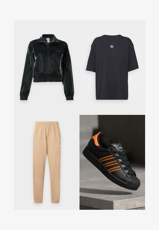 Black glossy cropped jacket with a zip front, high collar, and elasticized hem. Features three stripes on sleeves and a small logo on the chest.; Black cotton t-shirt with short sleeves, round neckline, features a white Adidas logo on the chest. Simple design, relaxed fit.; Beige sweatpants with an elastic waistband, tapered legs, and side pockets. Features small white text "PEGADOR" on the left thigh.; Black sneaker with orange accents, three horizontal stripes, textured leather upper, rubber toe cap, and black laces.