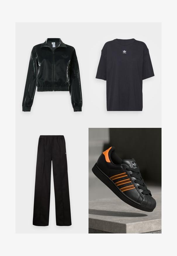 Black glossy cropped jacket with a zip front, high collar, and elasticized hem. Features three stripes on sleeves and a small logo on the chest.; Black cotton t-shirt with short sleeves, round neckline, features a white Adidas logo on the chest. Simple design, relaxed fit.; Black, wide-leg pants with an elastic waistband. Made from soft material with minimal detailing, featuring a small logo on one side.; Black sneaker with orange accents, three horizontal stripes, textured leather upper, rubber toe cap, and black laces.