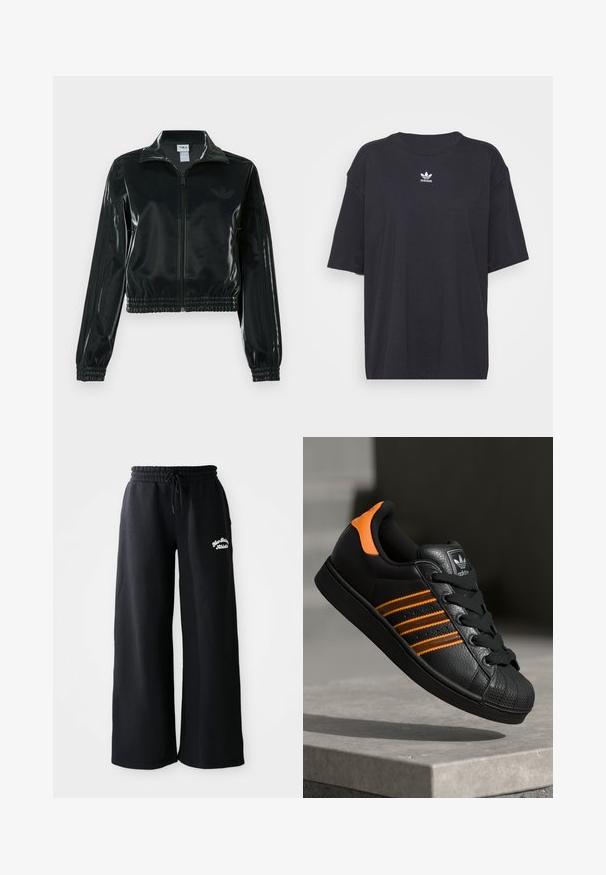 Casaco curto preto brilhante com fecho de correr frontal, gola alta e bainha elástica. Apresenta três riscas nas mangas e um pequeno logotipo no peito.; T-shirt de algodão preto com mangas curtas, decote arredondado, apresenta um logótipo branco da Adidas no peito. Design simples, ajuste descontraído.; Calças de fato largas pretas com cintura elástica e cordão. Apresentam texto bordado do lado esquerdo, feitas de um material suave em mistura de algodão.; Sapatilha preta com detalhes laranja, três riscas horizontais, parte superior em couro texturizado, bico de borracha e atacadores pretos.