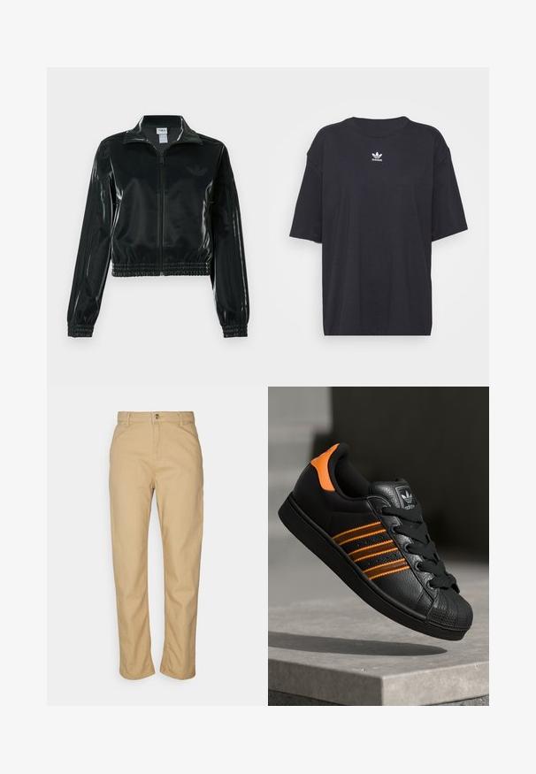Black glossy cropped jacket with a zip front, high collar, and elasticized hem. Features three stripes on sleeves and a small logo on the chest.; Black cotton t-shirt with short sleeves, round neckline, features a white Adidas logo on the chest. Simple design, relaxed fit.; Carhartt WIP PIERCE PANT - Trousers - tan; Black sneaker with orange accents, three horizontal stripes, textured leather upper, rubber toe cap, and black laces.