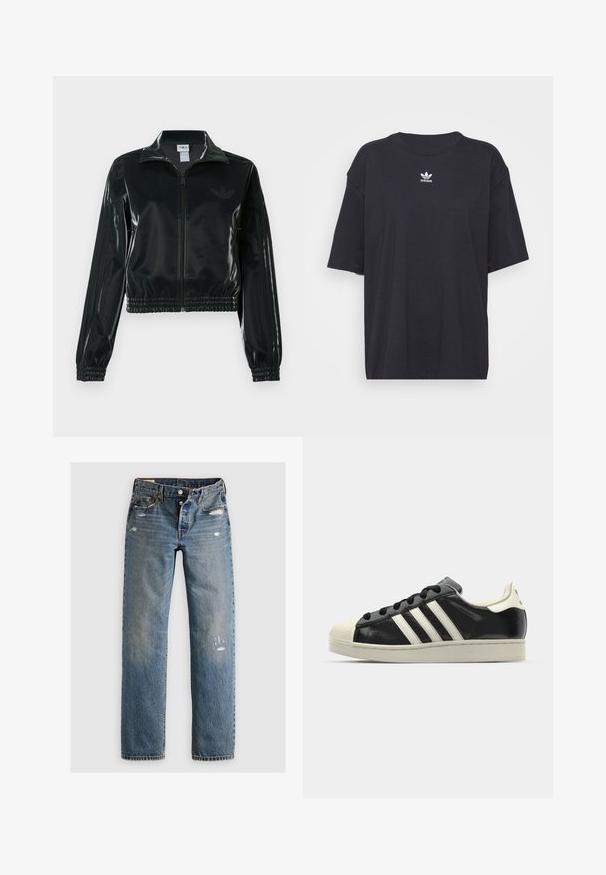 Juoda blizgi trumpa striukė su užtrauktuku priekyje, aukštu apykakliu ir elastine apačia. Rankovėse trys dryžiai ir mažas logotipas ant krūtinės.; Juodas medvilnės marškinėliai trumpomis rankovėmis, apvaliu iškirpimu, su baltu Adidas logo ant krūtinės. Paprastas dizainas, laisvas kirpimas.; Mėlynos džinsinės kelnės su tiesiogiu kirpimu, turinčios suplėšytų detalių ir išblukusių pleistrų. Audinys turi tekstūruotą apdailą ir siuvinėtus siūlus.; Juodi odiniai sportiniai bateliai su baltais dryžiais, guminis toe kapas, juodi raišteliai ir kreminis padas. Lygus pavirčius su blizgiu finišu.