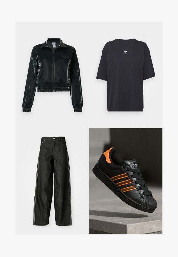 Casaco curto preto brilhante com fecho de correr frontal, gola alta e bainha elástica. Apresenta três riscas nas mangas e um pequeno logotipo no peito.; T-shirt de algodão preto com mangas curtas, decote arredondado, apresenta um logótipo branco da Adidas no peito. Design simples, ajuste descontraído.; Calças de ganga largas pretas com riscas laterais brancas, apresentando bolsos frontais, fecho com botão e um logótipo discreto perto da cintura.; Sapatilha preta com detalhes laranja, três riscas horizontais, parte superior em couro texturizado, bico de borracha e atacadores pretos.
