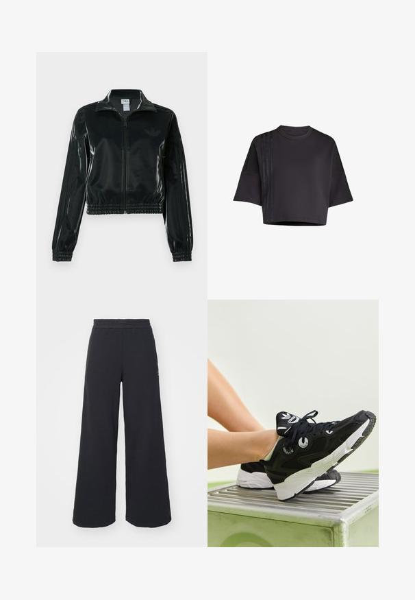 Schwarze glänzende, kurz geschnittene Jacke mit Reißverschluss vorne, hohem Kragen und elastischem Saum. Verfügt über drei Streifen an den Ärmeln und ein kleines Logo auf der Brust.; Schwarzes, cropped T-Shirt mit Rundhalsausschnitt und lockeren kurzen Ärmeln, das vertikale Satinstreifenakzente auf der linken Seite aufweist. Glatte Textur.; Schwarze weite Sweatpants aus weichem Material, mit einem elastischen Taillenbund und einem kleinen Logo auf der linken Seite.; Schwarze sportliche Sneakers mit einem Obermaterial aus Mesh und Synthetik, weißer Zwischensohle und runden Ösen. Ausgestattet mit einem markierten Zungenlogo und einer dicken Gummisohle.