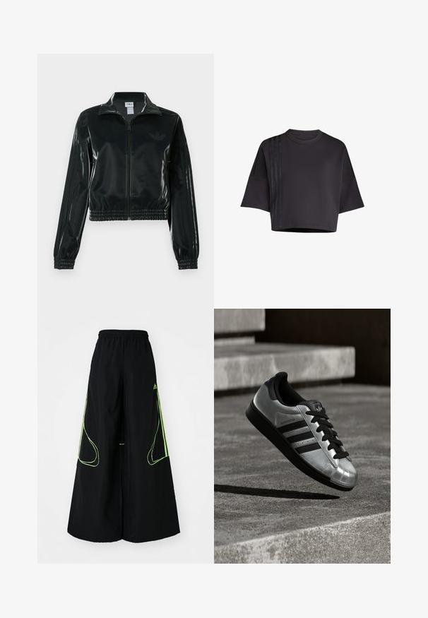 Černá lesklá zkrácená bunda se zipem vpředu, vysokým límcem a elastickým lemem. Má tři pruhy na rukávech a malé logo na hrudi.; Černé zkrácené tričko s kulatým výstřihem, volnými krátkými rukávy, s vertikálními saténovými pruhy na levé straně. Hladká textura.; adidas Originals TEAMGEIST ADICOLOR OVERSIZED - Teplákové kalhoty - black/signal green; Stříbrná teniska s černou gumovou podrážkou, černými tkaničkami a třemi černými pruhy. Má kovový lesk a klasický design špičky ve tvaru skořápky.