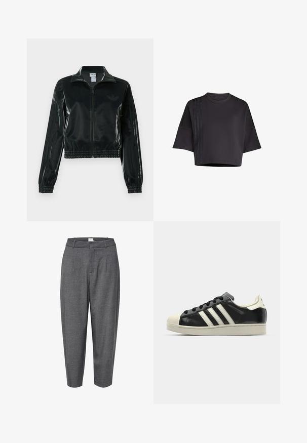 Black glossy cropped jacket with a zip front, high collar, and elasticized hem. Features three stripes on sleeves and a small logo on the chest.; Black cropped t-shirt with a round neck, loose short sleeves, featuring vertical satin stripe accents on the left side. Smooth texture.; Gray, tapered trousers made of textured fabric; features pleats and a smooth waistband with a concealed closure.; Black leather sneaker with white stripes, rubber toe cap, black laces, and a cream-colored outsole. Smooth texture with shiny finish.
