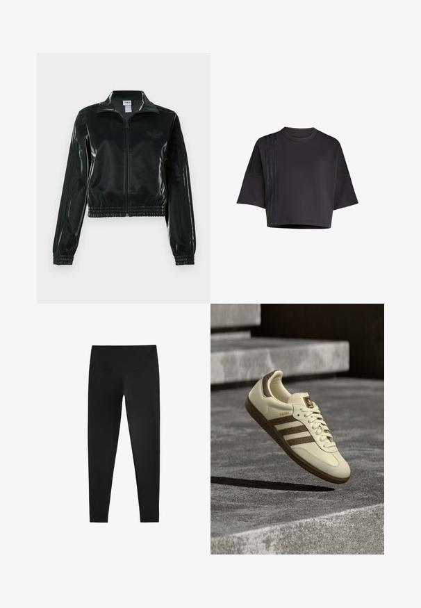 Giacca nera lucida corta con zip frontale, colletto alto e orlo elasticizzato. Presenta tre strisce sulle maniche e un piccolo logo sul petto.; Maglietta nera cropped con collo rotondo, maniche corte e larghe, caratterizzata da strisce verticali in raso sul lato sinistro. Tessuto liscio.; Leggings neri realizzati in tessuto elasticizzato, con una vita alta e una consistenza liscia, progettati per comfort e flessibilità.; Scarpa da ginnastica color crema con accenti marroni, strisce laterali texturizzate e finitura in pelle liscia. Presenta una chiusura con lacci e suola in gomma.