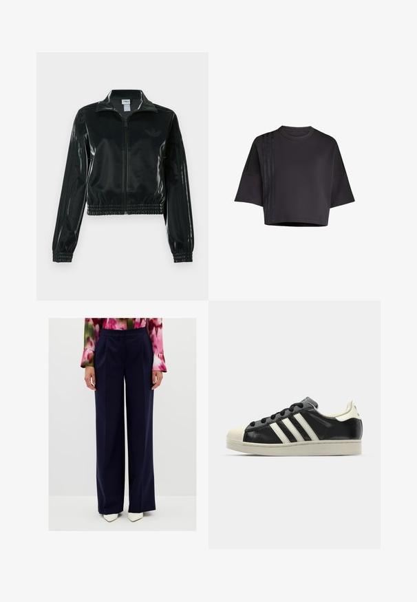 Czarna błyszcząca krótka kurtka na zamek błyskawiczny z przodu, z wysokim kołnierzem i elastycznym wykończeniem na dole. Na rękawach znajdują się trzy paski, a na piersi małe logo.; Czarny, krótki t-shirt z okrągłym dekoltem, luźnymi krótkimi rękawami, z pionowymi satynowymi paskami po lewej stronie. Gładka tekstura.; Granatowe spodnie o szerokich nogawkach, z plisowanym przodem, gładki materiał, wysoki stan, w zestawieniu z białymi czółenkami o pointed-toe.; Czarne skórzane trampki z białymi paskami, gumowym czubkiem, czarnymi sznurówkami i kremową podeszwą. Gładka faktura z połyskującym wykończeniem.