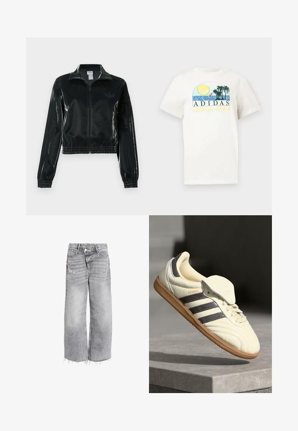 Casaco curto preto brilhante com fecho de correr frontal, gola alta e bainha elástica. Apresenta três riscas nas mangas e um pequeno logotipo no peito.; T-shirt de algodão branco com um design gráfico apresentando um sol, palmeiras e água. "ADIDAS Sports Club" impresso em verde e amarelo.; Jeans de cintura alta e perna larga em denim cinza claro, com detalhes desfiados e bainha crua. Duas bolsos frontais e fecho com botão.; Sneaker de couro creme com três riscas escuras, sola de borracha castanha e bico arredondado. Apresenta uma língua dobrável rotulada como "SAMBA."