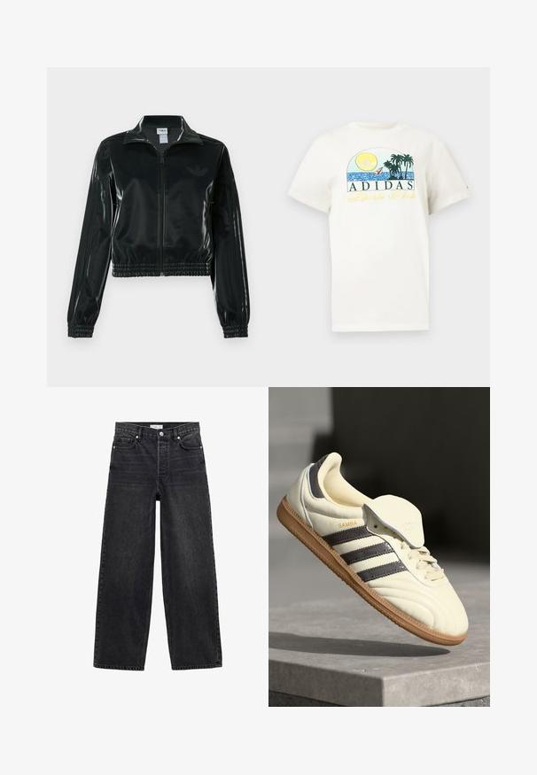 Zwarte glanzende cropped jas met een ritssluiting aan de voorkant, hoge kraag en elastische zoom. Voorzien van drie strepen op de mouwen en een klein logo op de borst.; Witte katoenen t-shirt met een grafisch ontwerp van een zon, palmbomen en water. "ADIDAS Sports Club" gedrukt in groen en geel.; Zwarte wijde jeans gemaakt van denim. Heeft vijf zakken, een knoopsluiting en zichtbare stiksels. Rechte snit met een ruwe zoom.; Crème leren sneaker met drie donkere strepen, een bruine gumrubberen zool en een ronde neus. Voorzien van een opvouwbare tong met het label "SAMBA."