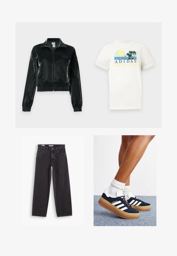 Casaco curto preto brilhante com fecho de correr frontal, gola alta e bainha elástica. Apresenta três riscas nas mangas e um pequeno logotipo no peito.; T-shirt de algodão branco com um design gráfico apresentando um sol, palmeiras e água. "ADIDAS Sports Club" impresso em verde e amarelo.; Calças de ganga largas pretas, feitas em denim, com uma cintura alta, design de cinco bolsos e costuras duplas. Acabamento limpo sem adornos.; Ténis de camurça preta com riscas e detalhes brancos, biqueira arredondada, sola em borracha cor de goma, combinados com meias brancas caneladas até à altura do tornozelo.
