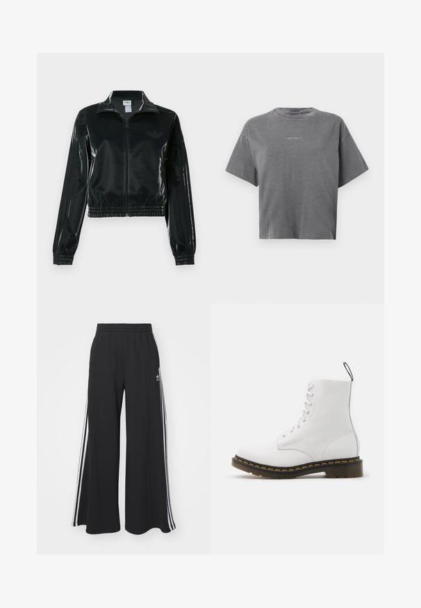 Crna sjajna kratka jakna s patentnim zatvaračem sprijeda, visokim ovratnikom i porubom s elastikom. Na rukavima ima tri pruge i mali logo na prsima.; Sivi kratki majica s kratkim rukavima, skraćena, s okruglim izrezom i malim bijelim "carhartt" logotipom u središtu na prednjoj strani.; Crne široke trenirke s elastičnim pojasom, s bijelim bočnim trakama i izvezenim logom na lijevom bedru.; Bijela kožna gležnjača s crnim i narančastim potplatom, okrugli vrh, vezanje sa čipkom i traka za povlačenje straga. Glatka tekstura i robusna konstrukcija.