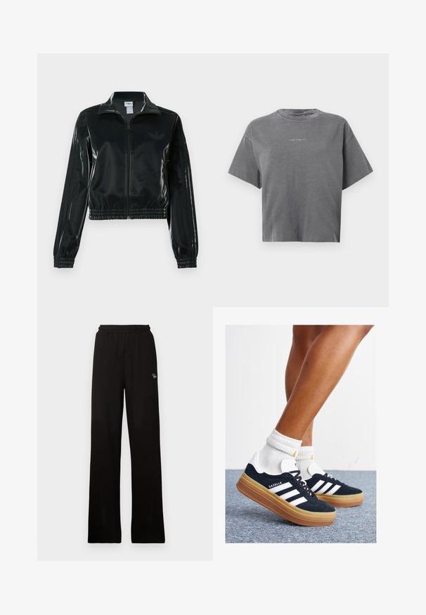 Črno, sijočo kratko jakno z zadrgo spredaj, visokim ovratnikom in elastičnim spodnjim robom. Na rokavih so tri črte, na prsih pa majhen logotip.; Siv kratkih rukava skrajšan majica s okruglim izrezom i malim središnjim bijelim logom "carhartt" sprijeda.; Črne rebraste široke hlače z elastičnim pasom in majhnim dekorativnim logotipom, ki imajo gladko teksturo in polno dolžino.; Črni antilop superge z belimi črtami in poudarki, okrogel prst, gumijasti podplat, kombinirane z belimi rebrastimi nogavicami.