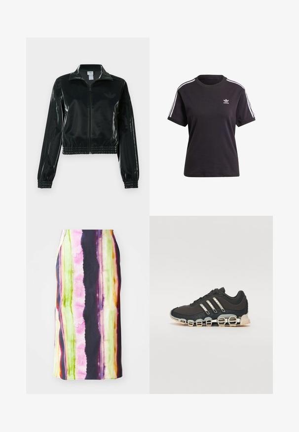 Černá lesklá zkrácená bunda se zipem vpředu, vysokým límcem a elastickým lemem. Má tři pruhy na rukávech a malé logo na hrudi.; Černé bavlněné tričko s krátkým rukávem a kulatým výstřihem, na ramenou s bílými pruhy a malým bílým logem Adidas na hrudi.; Barevná sukně medium délky se svislými pruhy v růžové, zelené, žluté a fialové barvě. Vyrobena z hladké tkaniny s mírným leskem.; Černá atletická bota s texturovaným svrškem, třemi stříbrnými pruhy a výraznou odpruženou podrážkou se spoustou integrovaných sekcí.