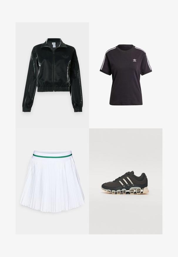 Black glossy cropped jacket with a zip front, high collar, and elasticized hem. Features three stripes on sleeves and a small logo on the chest.; Black cotton short-sleeve t-shirt with round neck, featuring white stripes on shoulders and a small white Adidas logo on the chest.; White pleated skirt with a solid green elastic waistband. Features sharp, evenly spaced folds, creating a light, airy texture.; Black athletic shoe with a textured upper, three silver stripes, and a distinctive cushioning sole featuring multiple integrated sections.
