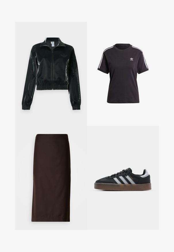 Zwarte glanzende cropped jas met een ritssluiting aan de voorkant, hoge kraag en elastische zoom. Voorzien van drie strepen op de mouwen en een klein logo op de borst.; Zwart katoenen t-shirt met korte mouwen en ronde hals, met witte strepen op de schouders en een klein wit Adidas-logo op de borst.; Bruine kokerrok, knie-lang, gemaakt van soepele stof. Beschikt over een eenvoudig ontwerp zonder zichtbare patronen of versieringen.; Zwarte sneakers met een slank ontwerp, voorzien van drie witte strepen, een zwarte tong en een gestructureerde bruine rubberen zool. Accenten van gouden letters.