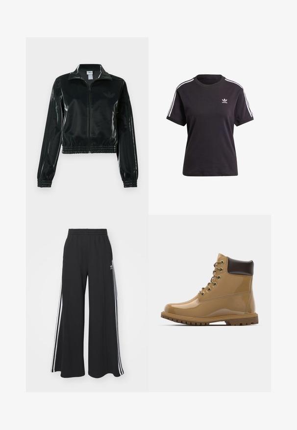 Juoda blizgi trumpa striukė su užtrauktuku priekyje, aukštu apykakliu ir elastine apačia. Rankovėse trys dryžiai ir mažas logotipas ant krūtinės.; Juodas medvilninis trumpa rankovėmis marškinėliai su apvalia iškirpte, su baltais dryžiais ant pečių ir maža balta Adidas logo ant krūtinės.; Juodos plačios kojų džinsinės kelnės su elastingu juosmeniu, turinčios baltas šonines juosteles ir išsiuvinėtą logotipą kairiajame šlaunyje.; Lakiuoti tan spalvos auliniai batai su rudo atspalvio akcentais, apvaliu pirštu, šešiais metaliniais aklais, rudomis raištelėmis ir tekstūruotu guminiais padu.