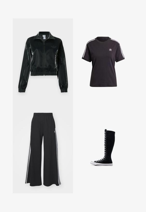 Sort blank cropped jakke med glidelås foran, høy krage og elastisk nederkant. Har tre striper på ermene og en liten logo på brystet.; Svart bomull T-skjorte med kort erme og rund hals, med hvite striper på skuldrene og en liten hvit Adidas-logo på brystet.; Svart vide joggebukser med elastisk midjebånd, med hvite sidestriper og brodert logo på venstre lår.; Svarte høyhælte sneakers med et høyt design, laget av kanvas. Har hvite snører, sømmer og en gummisåle med tåhette.