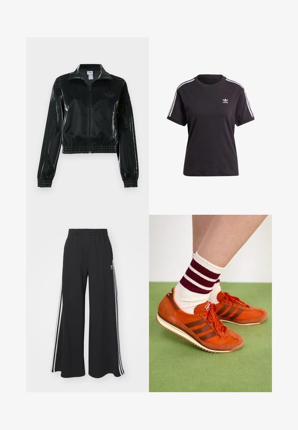 Casaco curto preto brilhante com fecho de correr frontal, gola alta e bainha elástica. Apresenta três riscas nas mangas e um pequeno logotipo no peito.; T-shirt preto de algodão de mangas curtas com gola redonda, apresentando riscas brancas nos ombros e um pequeno logotipo branco da Adidas no peito.; Calças de suor largas e pretas com uma cintura elástica, apresentando riscas brancas nas laterais e um logótipo bordado na coxa esquerda.; Tenis de camurça laranja e nylon com riscas castanhas, atacadores vermelhos e uma ponta texturizada. Combinados com meias de crew às riscas brancas e bordô.