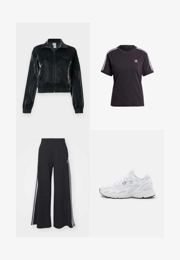 Black glossy cropped jacket with a zip front, high collar, and elasticized hem. Features three stripes on sleeves and a small logo on the chest.; Black cotton short-sleeve t-shirt with round neck, featuring white stripes on shoulders and a small white Adidas logo on the chest.; Black wide-leg sweatpants with an elastic waistband, featuring white side stripes and an embroidered logo on the left thigh.; White athletic shoes with a mesh upper, textured design, rounded toe, padded collar, and rubber sole with a black accent.