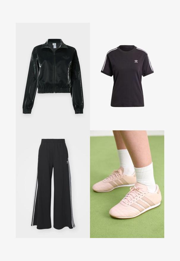 Fekete, fényes rövidített dzseki cipzárral az elején, magas gallérral és elasztikus szegéllyel. Három csík díszíti az ujjakat, és kis logó található a mellrészen.; Fekete pamut, rövid ujjú póló kerek nyakkal, fehér csíkokkal a vállakon és egy kis fehér Adidas logóval a mellkasán.; Fekete, bő szárú melegítőnadrág, rugalmas derékkal, fehér oldalsávokkal és hímzett logóval a bal combon.; Világos rózsaszín sportcipők, átlós varrással, fehér talppal és három oldalsó csíkkal. Zöld felületen bordázott fehér zoknikkal viselve.