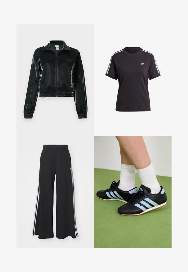 Fekete, fényes rövidített dzseki cipzárral az elején, magas gallérral és elasztikus szegéllyel. Három csík díszíti az ujjakat, és kis logó található a mellrészen.; Fekete pamut, rövid ujjú póló kerek nyakkal, fehér csíkokkal a vállakon és egy kis fehér Adidas logóval a mellkasán.; Fekete, bő szárú melegítőnadrág, rugalmas derékkal, fehér oldalsávokkal és hímzett logóval a bal combon.; Fekete bőr sportcipők világoskék csíkokkal, texturált felsőrésszel és gumitalppal, fehér bordázott zoknival kombinálva, zöld padlón.