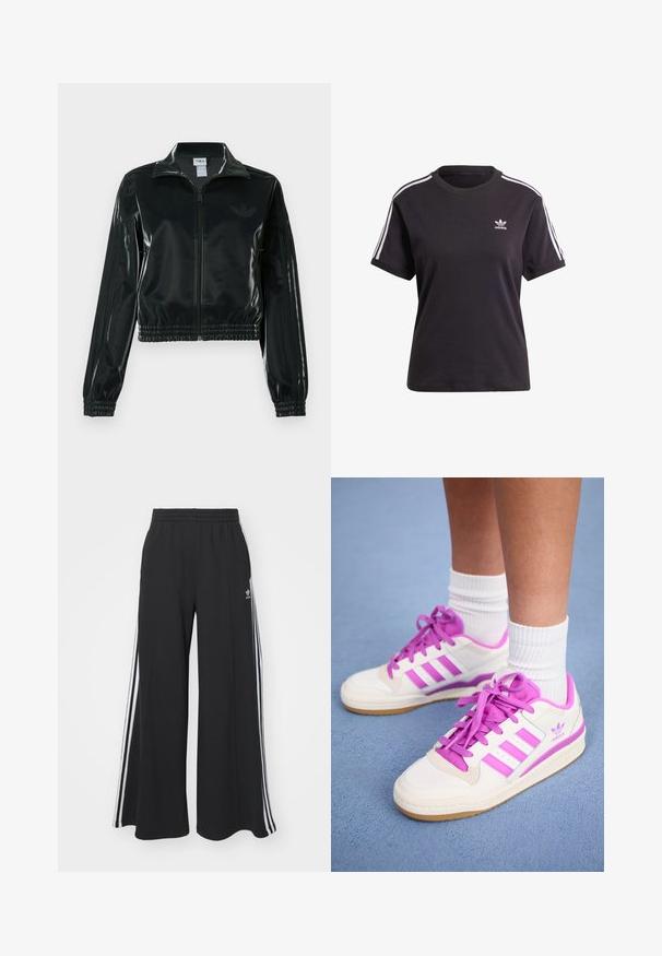 Casaco curto preto brilhante com fecho de correr frontal, gola alta e bainha elástica. Apresenta três riscas nas mangas e um pequeno logotipo no peito.; T-shirt preto de algodão de mangas curtas com gola redonda, apresentando riscas brancas nos ombros e um pequeno logotipo branco da Adidas no peito.; Calças de suor largas e pretas com uma cintura elástica, apresentando riscas brancas nas laterais e um logótipo bordado na coxa esquerda.; Ténis brancos com detalhes e atacadores cor-de-rosa, apresentando três riscas horizontais cor-de-rosa e uma sola em borracha. Meias de algodão são visíveis acima do tornozelo.