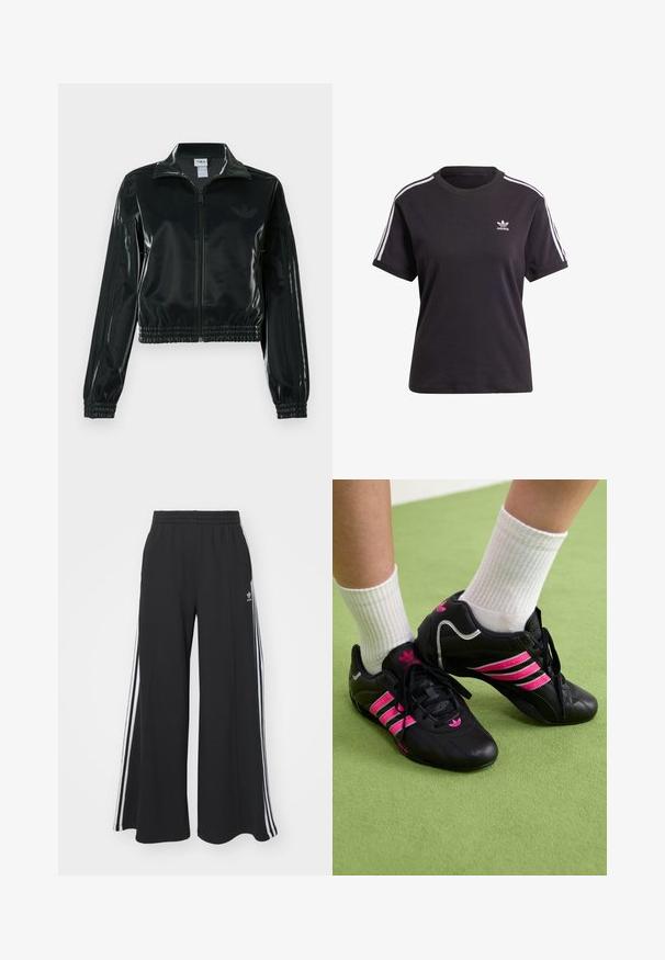 Crna sjajna kratka jakna s patentnim zatvaračem sprijeda, visokim ovratnikom i porubom s elastikom. Na rukavima ima tri pruge i mali logo na prsima.; Crna pamučna majica kratkih rukava s okruglim izrezom, ukrašena bijelim trakama na ramenima i malim bijelim Adidas logom na prsima.; Crne široke trenirke s elastičnim pojasom, s bijelim bočnim trakama i izvezenim logom na lijevom bedru.; Crne atletske tenisice s tri ružičaste pruge, gornji dio od teksturirane kože, crne vezice i detalj s logom, uparen s bijelim rebrastim čarapama na zelenoj podlozi.